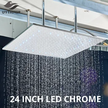 Луксозна 24-инчова дъждовна душ глава хром голяма горна LED душ глава с рамо таван монтирани аксесоари за баня Топ пръскачка
