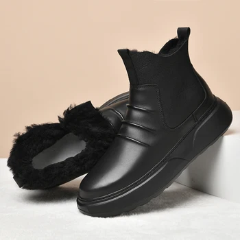 Луксозна марка мъжки обувки Ежедневни кръгли ботуши Мъжки зимни ботуши за сняг Мъж Slip на глезена ботуши Високи обувки Мъже естествена кожа