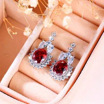 Луксозни женски големи червени овални обеци Сребърен цвят цирконови каменни обеци за жени чар Bowknot сватбени бижута