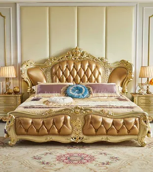 Луксозно кожено легло във вила в европейски стил, 1,8-метрово голямо помещение, родителска спалня, резбовано легло от масивно дърво, 2-метрово луксозно легло тип Кинг
