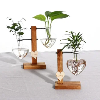 Любовна хидропонна стъклена ваза, дървена холна цветна аранжировка комплект, растителна сушена цвете прозрачен контейнер