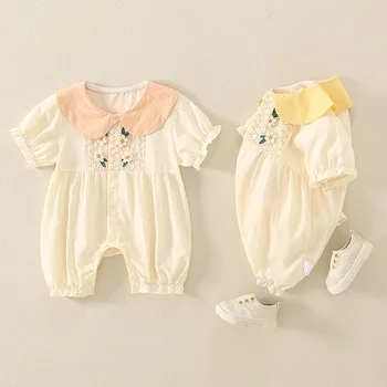 Лятно бебешко боди ново чисто памучно обвиващо отгоре къс ръкав тънки дами сладък чуждестранен стил бебешки връхни дрехи