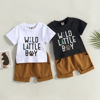 Малко дете бебе бебе момчета лято облекло къс ръкав писмо печат тениска + плътен цвят шнур шорти комплект