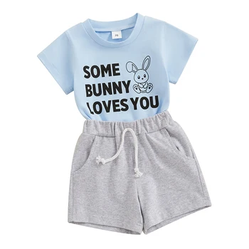 Малко дете бебе момче Великден екипировки къс ръкав някои зайче те обича заек тениска Топ твърди шорти комплект бебе летни дрехи