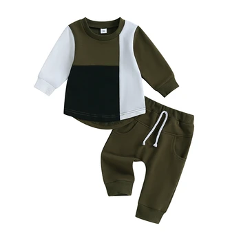 Малко дете бебе момчета 2 парче анцуг контрастен цвят дълъг ръкав суитчър и еластични панталони пролет есенни екипировки