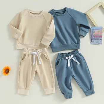 Малко дете момчета момичета случайни есен пролетта дрехи комплект новородено дълъг ръкав суитчъри и еластични панталони плътен цвят анцуг
