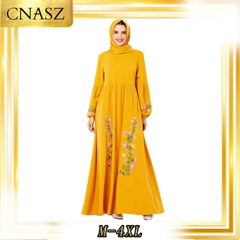 марокански кафтан мюсюлманска рокля жени Близкия изток арабски голям размер жените жълта мода бродирани мюсюлманска рокля