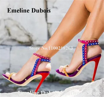 Многоцветни презрамки нитове сандали Emeline Dubois отворени пръсти пачуърк злато шипове стилето петата гладиатор сандали парти токчета