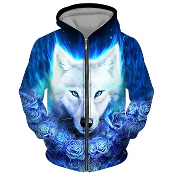 Мода есен син вълк животински печат мъжки качулки 3D всички над модел цип суитчър унисекс улично облекло случайни яке палто