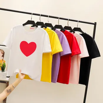Мода жени летни ежедневни върхове женски сърце форма печатни тройници момичета тениска елегантен къс ръкав T ризи дами Harajuku Tee