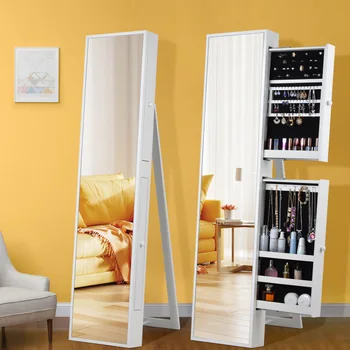  модерен и минималистичен дизайн, модерен вертикален огледален шкаф за бижута с две чекмеджета за съхранение, огледален шкаф за съхранение на спалня