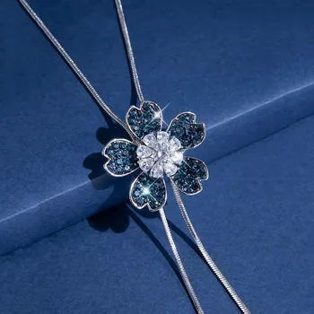 Модерен кристал дълга верига огърлица за жени синьо цвете пуловер палто верига сребърен цвят кухи подарък аксесоар безплатна доставка