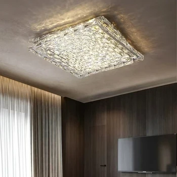 Модерен луксозен кристален светодиоден полилей за хол спалня проучване хром квадратен правоъгълник кристална лампа таван светлина