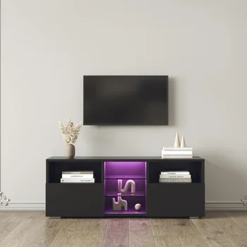 Модерен минималистичен шкаф за телевизор Всекидневна с 20 цвята LED светлини, Развлекателен център за стойка за телевизор (черен) Модерен светодиод с висок гланц