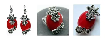 Модерен червен резбован лак Маркасит 925 Сребърен пръстен (#7-10) Обеци & Pandent комплекти бижута