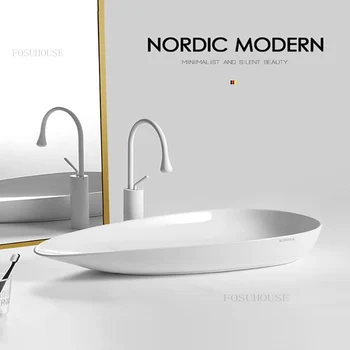Модерна проста мивка за баня Супер тънък басейн Творческо измиване Домакинско персонализирано осветление Луксозен керамичен умивалник за кухня