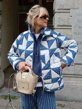 Модна стойка яка геометричен модел печат ватирани палта за жени 2023 зимни еднореден памук подплатени якета Паркас