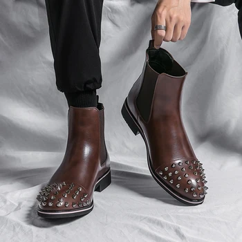 Модни мъжки персонализирани ботуши 2023 Кожени мъжки приплъзване на ботуши All-match за мъже Мотокрос ботуши Нови външни ежедневни мъжки обувки