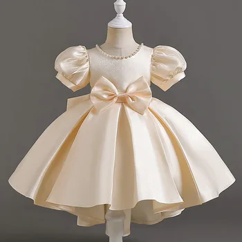 Момичета висок клас перла балон ръкав принцеса рокля 2-10 годишни детски сатен V-образно деколте лък пухкава рокля мода банкет домакин