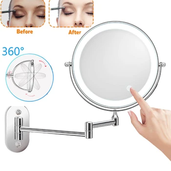 Монтирано на стена огледало за баня Led грим огледало 10X увеличение Регулируеми козметични огледала за стена Докосване затъмняване огледала