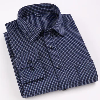 Мъжки дълъг ръкав класически стандартно годни шарени каре социален офис рокля риза единична кръпка джоб официален бизнес основни ризи
