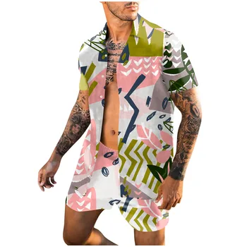 Мъжки комплект от 2 части Хавайски ризи + плажни шорти Мъжко ежедневно улично облекло 2020 Летни флорални свободни къси ръкави празнични костюми мъжки