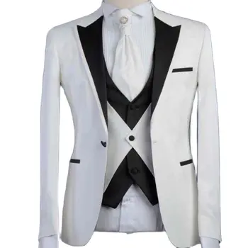 Мъжки костюми 3Pcs Slim Fit Бизнес Blazer панталони младоженец бял черен благороден смокинг за официално сватбено тържество носят яке панталони жилетка
