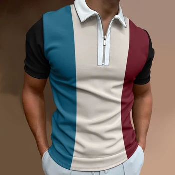 Мъжки плътен цвят раирана поло риза къс ръкав голф завой-надолу яка цип поло риза&за мъже случайни улично облекло летни върхове