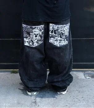 Мъжки хип-хоп ретро черен хлабав широки крака дънки y2k младежки кампус стил джоб графити печат мода прав тренд панталони