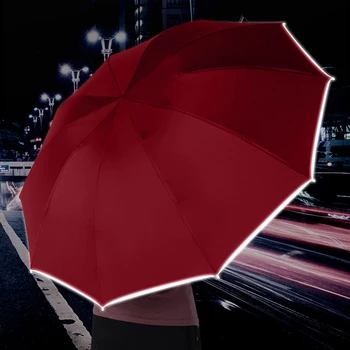 Напълно автоматичен сгъваем чадър 10 ребра обратен малък преносим чадър с LED светлина със светлоотразителна ивица за мъже и жени