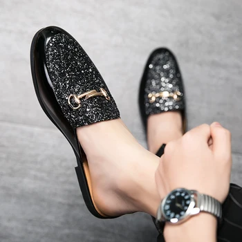 Нов бизнес дизайнер италиански мъжки половин обувки марка лачена кожа мъжки ежедневни обувки капка кораб коафьор мулета човек слайдове чехъл