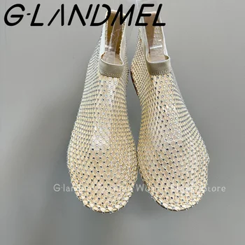 нов дизайн пролетен кристален декор прозрачен копринен глезен плоски обувки за жени окото кърпа сладък сладък случайни еластични глезена плоска обувка