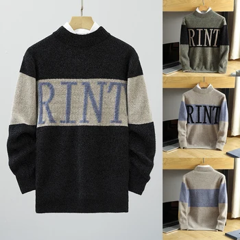 Нов младежки зимен пуловер еластичен удобен моден прост писмо кръг врата дълъг ръкав трикотажни отгоре