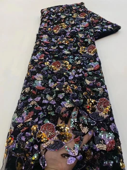 Нов моден дизайн африкански дантела плат Последни тежки мъниста Френски пайети тюл дантела нигерийски бродерия Fabirc за сватбена рокля