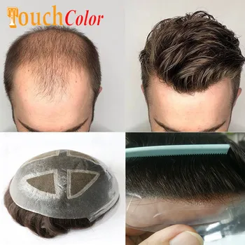 Нов стил Toupee мъже тънък SKin база Средна швейцарска дантела перука човешка коса протеза естествени човешки мъже перука коса система за мъже
