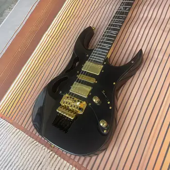 Нова 6-струнна електрическа китара сплит тяло електрическа китара, черно тяло, гланц, гланц от розово дърво, кленов трак, черна коприна