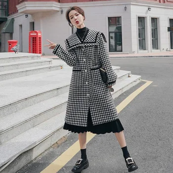 Нова елегантна решетка Houndstooth вълнено палто Жените средно дължина есен зима корейска мода вълнено палто случайни връхни дрехи