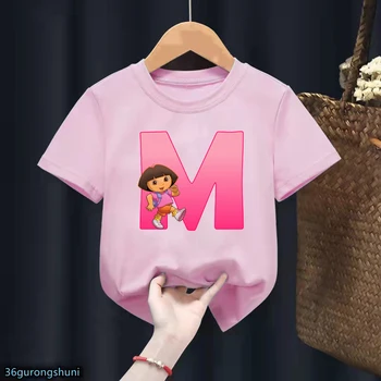 Нова тениска за момичета Дора Explorer писмо отпечатани детски дрехи тениска за деца рожден ден подарък облекло сладък малко дете тениски