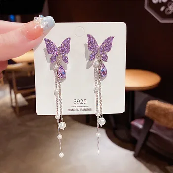 Нови пълни кристални пеперуди пискюл обеци за жени ухо бижута премия мода корейски фея кристал капка обеци парти
