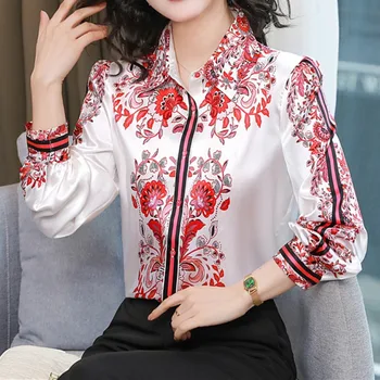 Ново петно флорални Allover отпечатани дамски ризи луксозни дълъг ръкав завой надолу яка пролет есен хлабав случайни дамски блузи