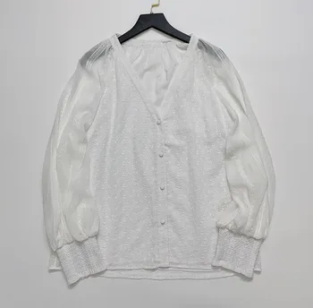 Ново пристигане жени мода бяло бродирани v-образно деколте дълъг ръкав хлабав блуза дама елегантен всички мач еднореден горната риза