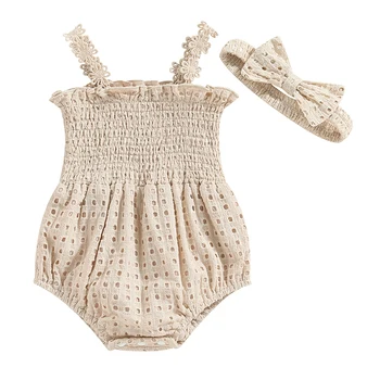 Новородено бебе бебе момичета летни дрехи комплект без ръкави каишка нагънат издълбани твърди гащеризон гащеризон с лък лента за глава облекло