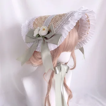 Пасторален стил жени цвете сламена шапка с брадичка каишка къдрава дантела шапки чай парти шапки реколта средновековна викторианска панделка шапка