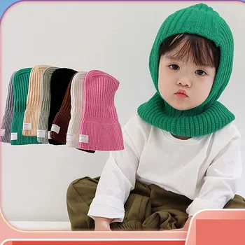 Плътен цвят корейски бебе качулка Beanies едно парче шал капачка зимата топло трикотажни ухото защита Balaclava шапка бебе шапки капак