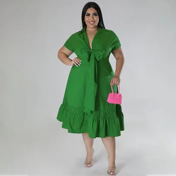 Плюс размер ежедневни къдри рокля XL-5XL V врата къс ръкав дантела нагоре гъбички подгъва половин рокли Улично облекло Ежедневни жени Vestidos 2023