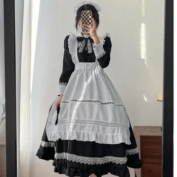 Плюс размер Лолита рокля аниме косплей училище момиче прислужница униформа готика Лолита черно бяло средновековна рокля дълъг ръкав престилка костюми