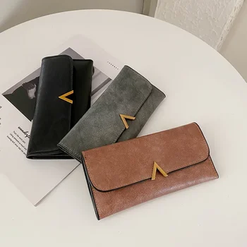 Портфейл за жени Нови дамски чанти Европейски стил V Word Long Buckle Wallet PU чист цвят Long Purse чанти
