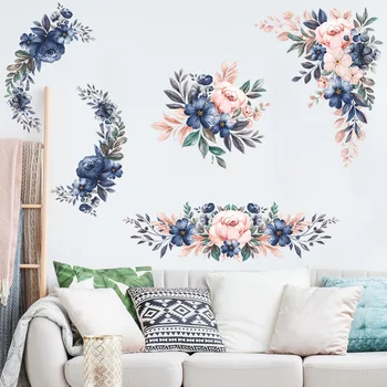Привличащият погледа дизайн на стикери за стена с цветя и малки цветни шарки е пълен с живи и зашеметяващи розови и сини декоративи