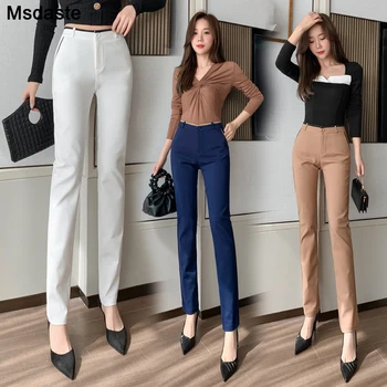 Пролетни панталони женски офис дама твърда висока талия дълги панталони официални дами нови дъна мода направо молив панталони за жени