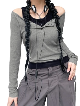 Реколта дантела подстригване дълъг ръкав отгоре с Y2K графичен печат - женствена фея гръндж улично облекло